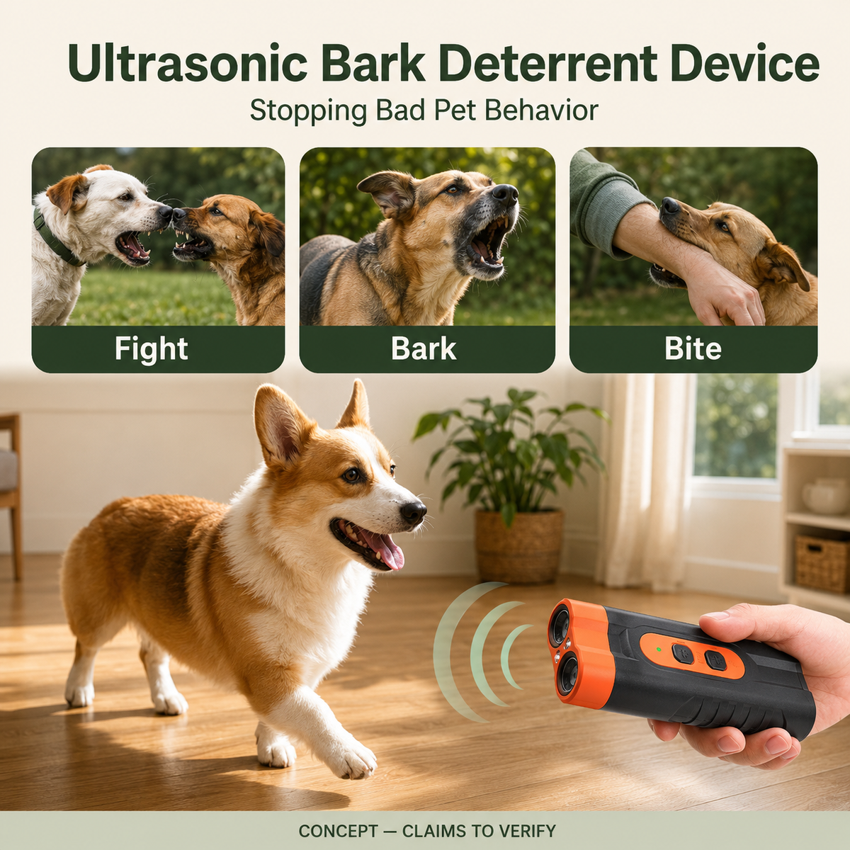 QuietPaw™ Ultrasonic Bark Trainer — Handheld, No Shock, No Spray
