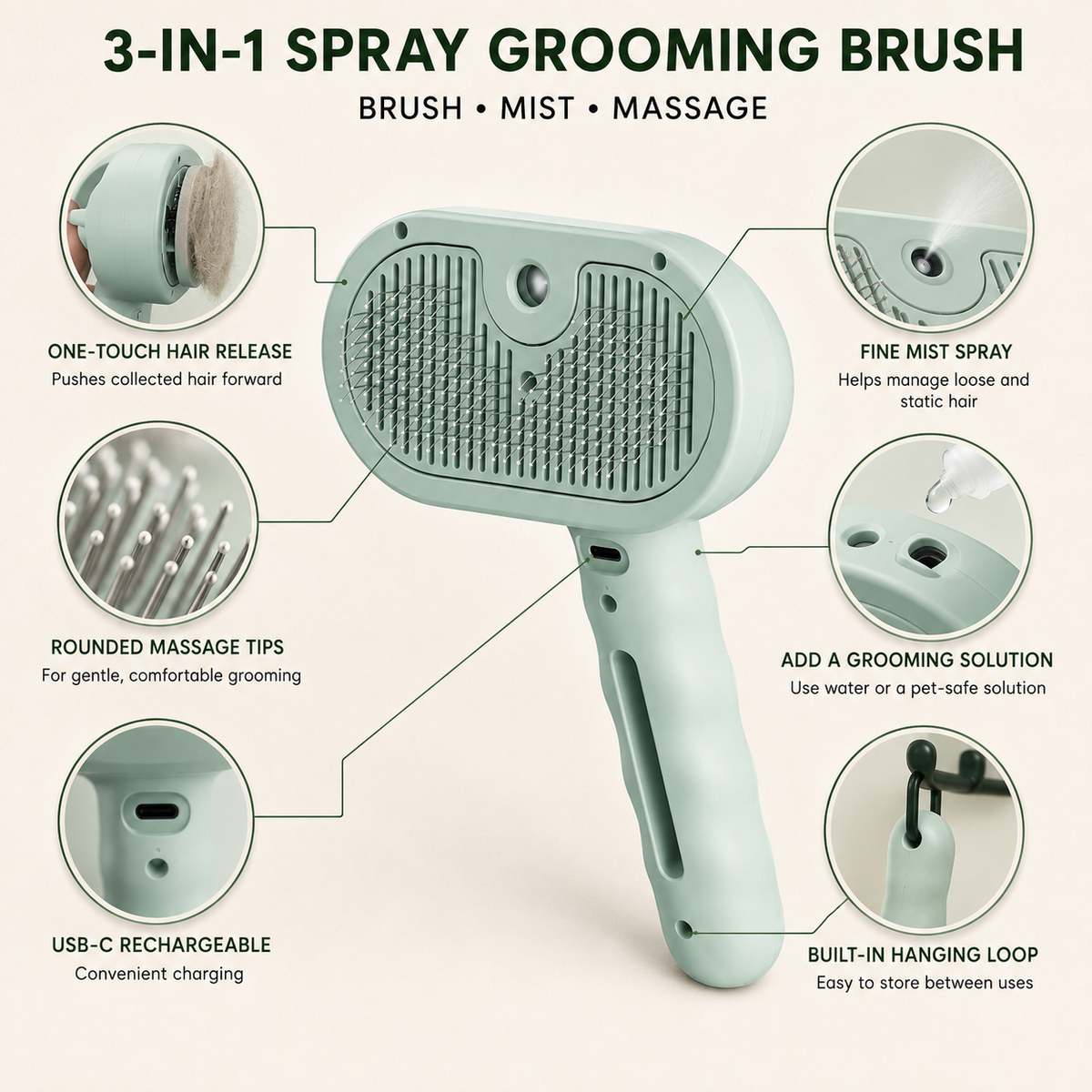 Self Cleaning Misting Brush for Dogs and Cats