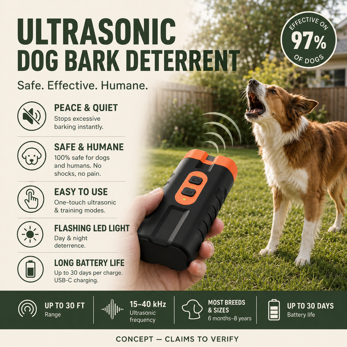QuietPaw™ Ultrasonic Bark Trainer — Handheld, No Shock, No Spray