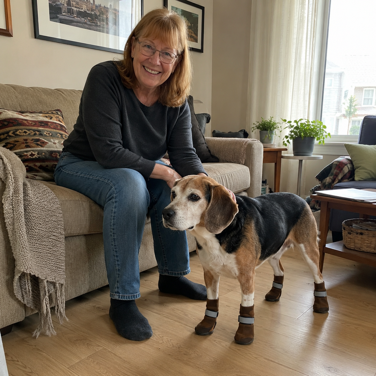 A beagle wearing anti-slip socks standing on a wooden floor beside her owner