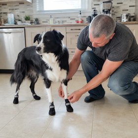 A border collie in the kitchen having anti-slip socks fitted