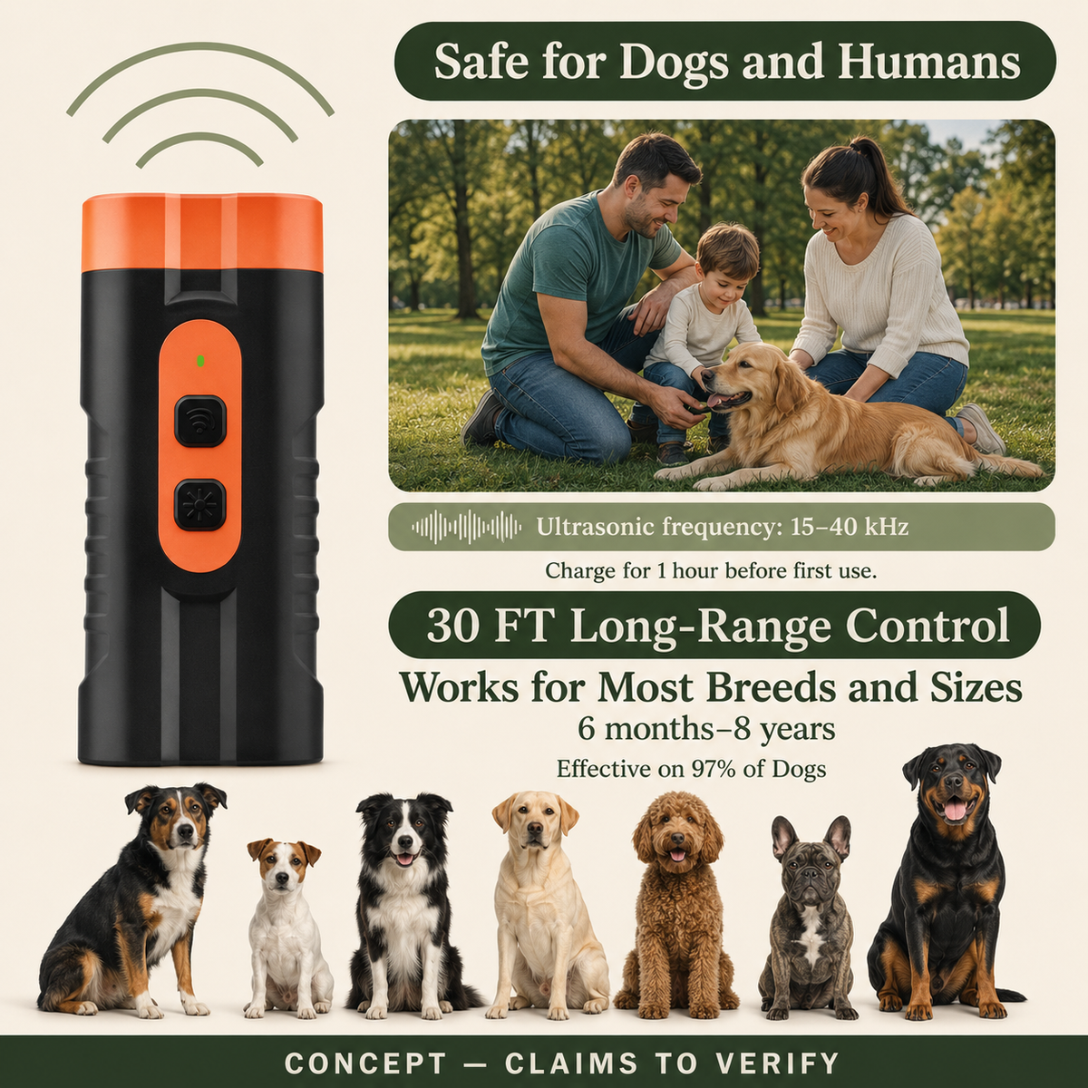 QuietPaw™ Ultrasonic Bark Trainer — Handheld, No Shock, No Spray