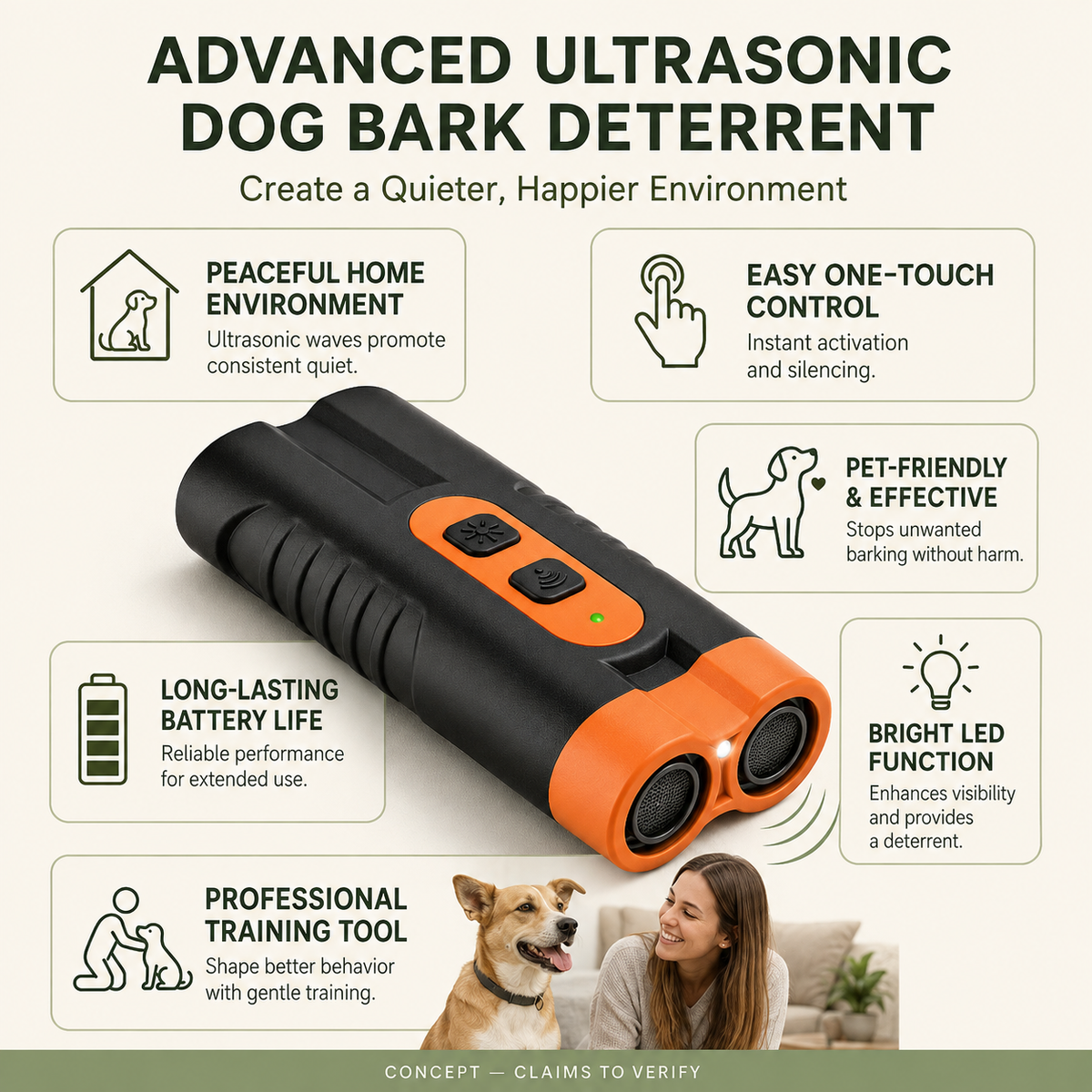 QuietPaw™ Ultrasonic Bark Trainer — Handheld, No Shock, No Spray